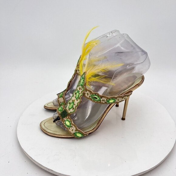 Rene Caovilla Women Size EU 35.5 US 5.5 Yellow Multicolor Rhinestone Heel Sandal - Picture 2 of 13